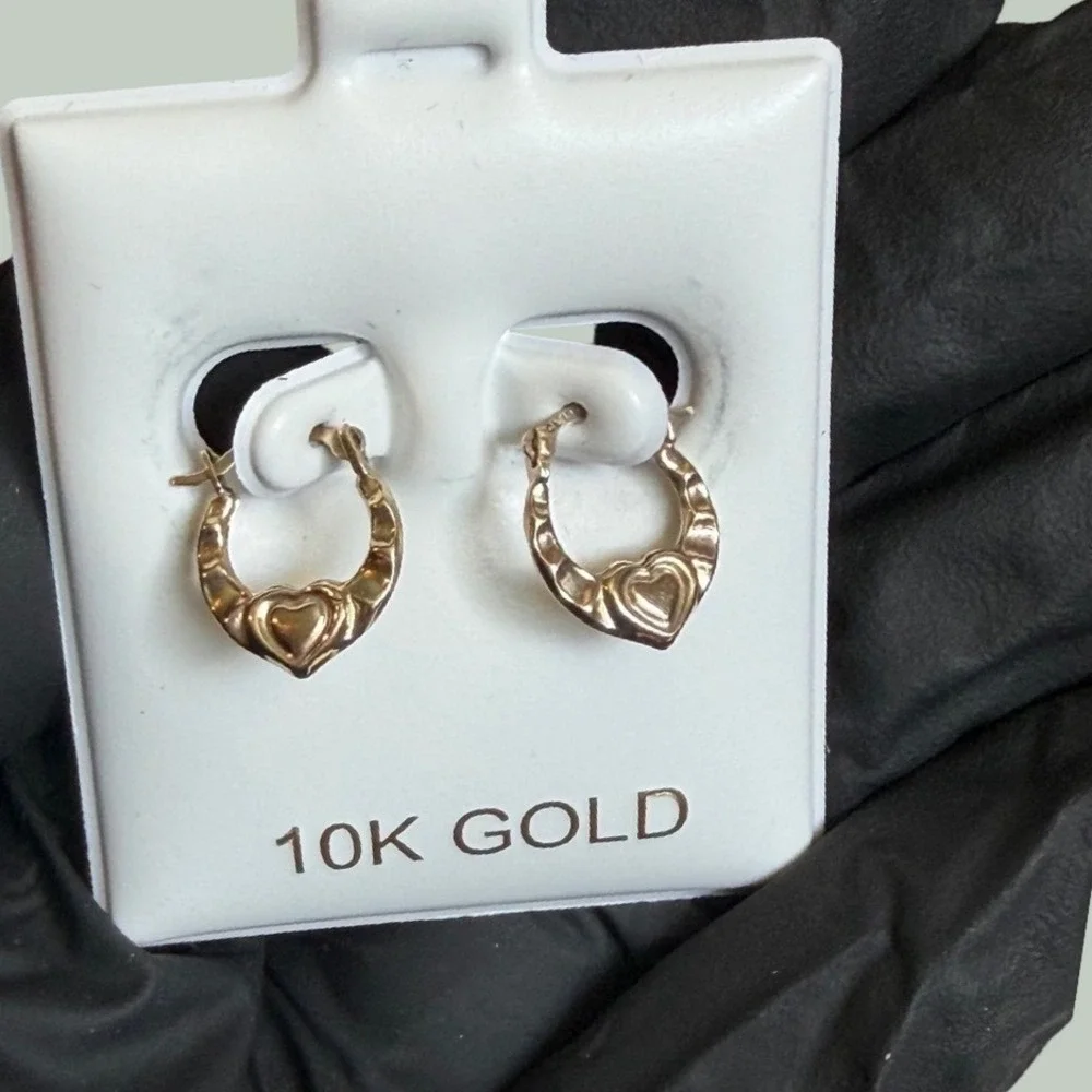 10K Real Yellow Gold Puffed Heart Hoop Earrings Kids Latch Back Small Size 12mm